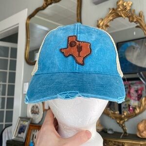 Texas Baseball Hat Leather Patch Distressed Blue Trucker Hat State Outline Adams